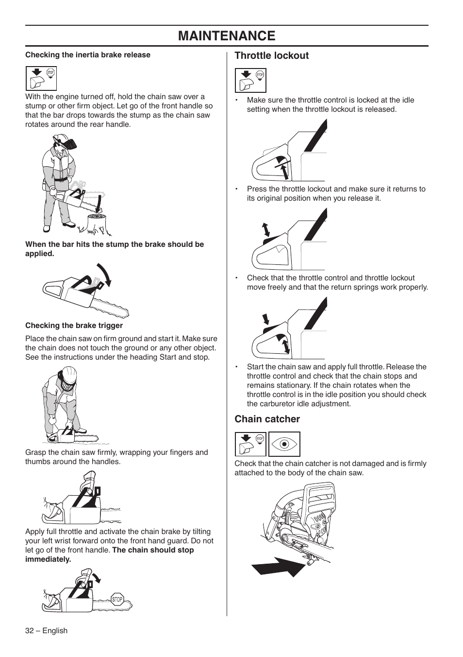Throttle lockout, Chain catcher, Maintenance | RedMax GZ7000 User Manual | Page 32 / 152