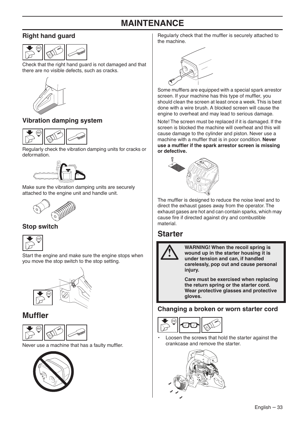 Right hand guard, Vibration damping system, Stop switch | Muffler, Starter, Changing a broken or worn starter cord, Maintenance, Mufﬂer | RedMax GZ7000 User Manual | Page 33 / 152