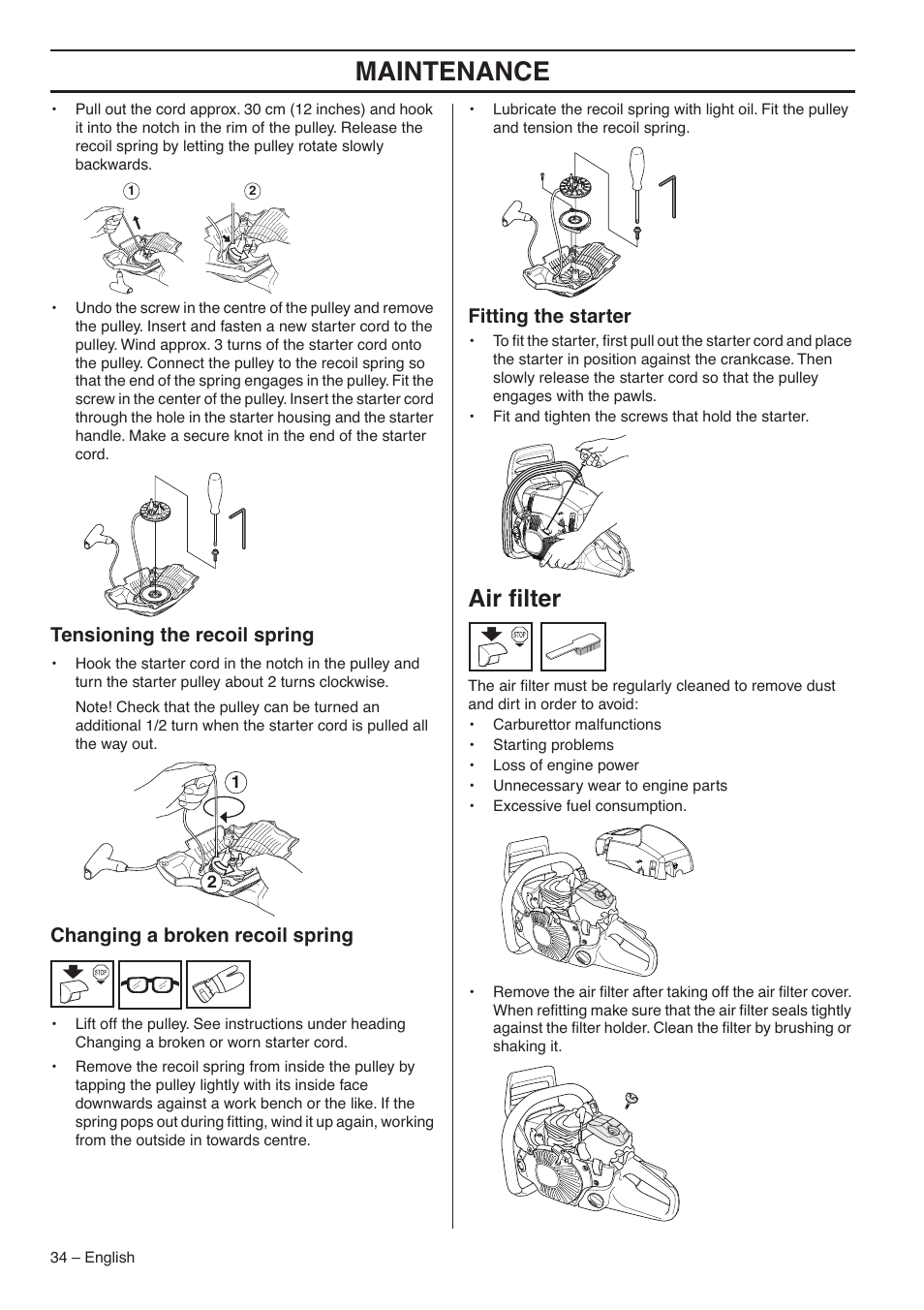 Tensioning the recoil spring, Changing a broken recoil spring, Fitting the starter | Air filter, Maintenance, Air ﬁlter | RedMax GZ7000 User Manual | Page 34 / 152