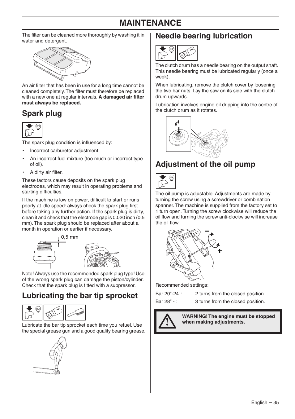 Spark plug, Lubricating the bar tip sprocket, Needle bearing lubrication | Adjustment of the oil pump, Maintenance | RedMax GZ7000 User Manual | Page 35 / 152