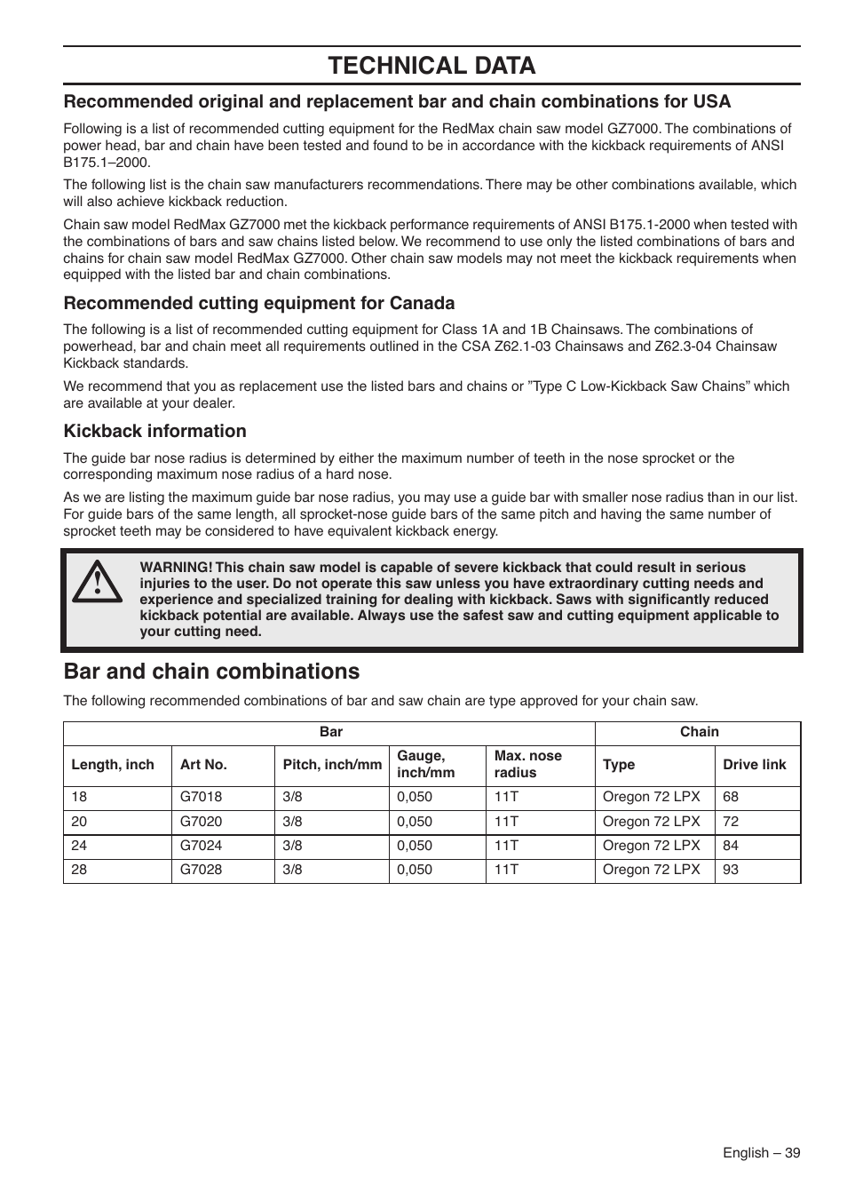 Recommended cutting equipment for canada, Kickback information, Bar and chain combinations | Technical data | RedMax GZ7000 User Manual | Page 39 / 152