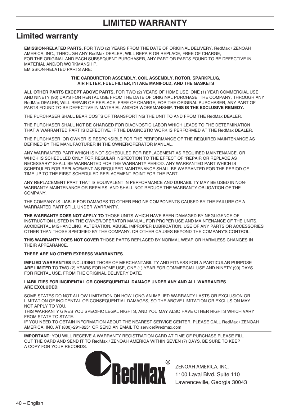 Limited warranty | RedMax GZ7000 User Manual | Page 40 / 152
