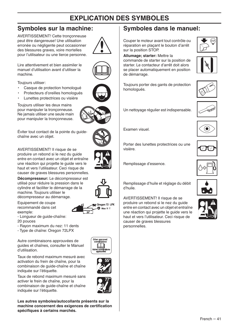 Symboles sur la machine, Symboles dans le manuel, Explication des symboles | RedMax GZ7000 User Manual | Page 41 / 152