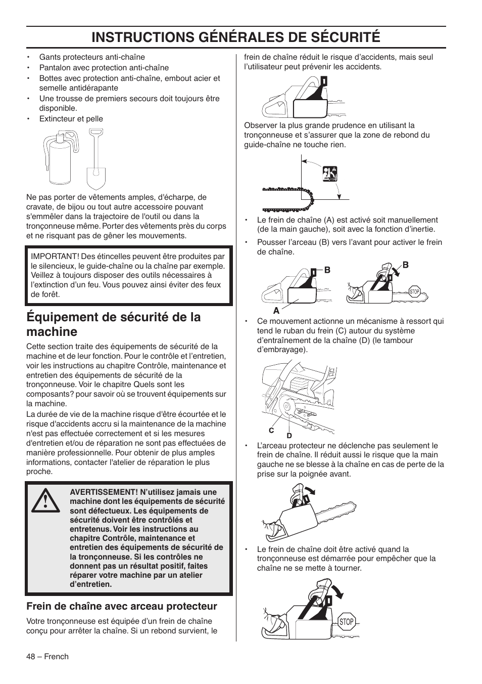 Équipement de sécurité de la machine, Frein de chaîne avec arceau protecteur, Instructions générales de sécurité | RedMax GZ7000 User Manual | Page 48 / 152