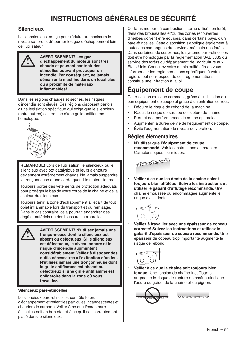 Silencieux, Équipement de coupe, Règles élémentaires | Instructions générales de sécurité | RedMax GZ7000 User Manual | Page 51 / 152