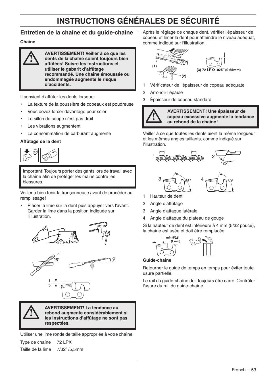 Entretien de la chaîne et du guide-chaîne, Instructions générales de sécurité | RedMax GZ7000 User Manual | Page 53 / 152