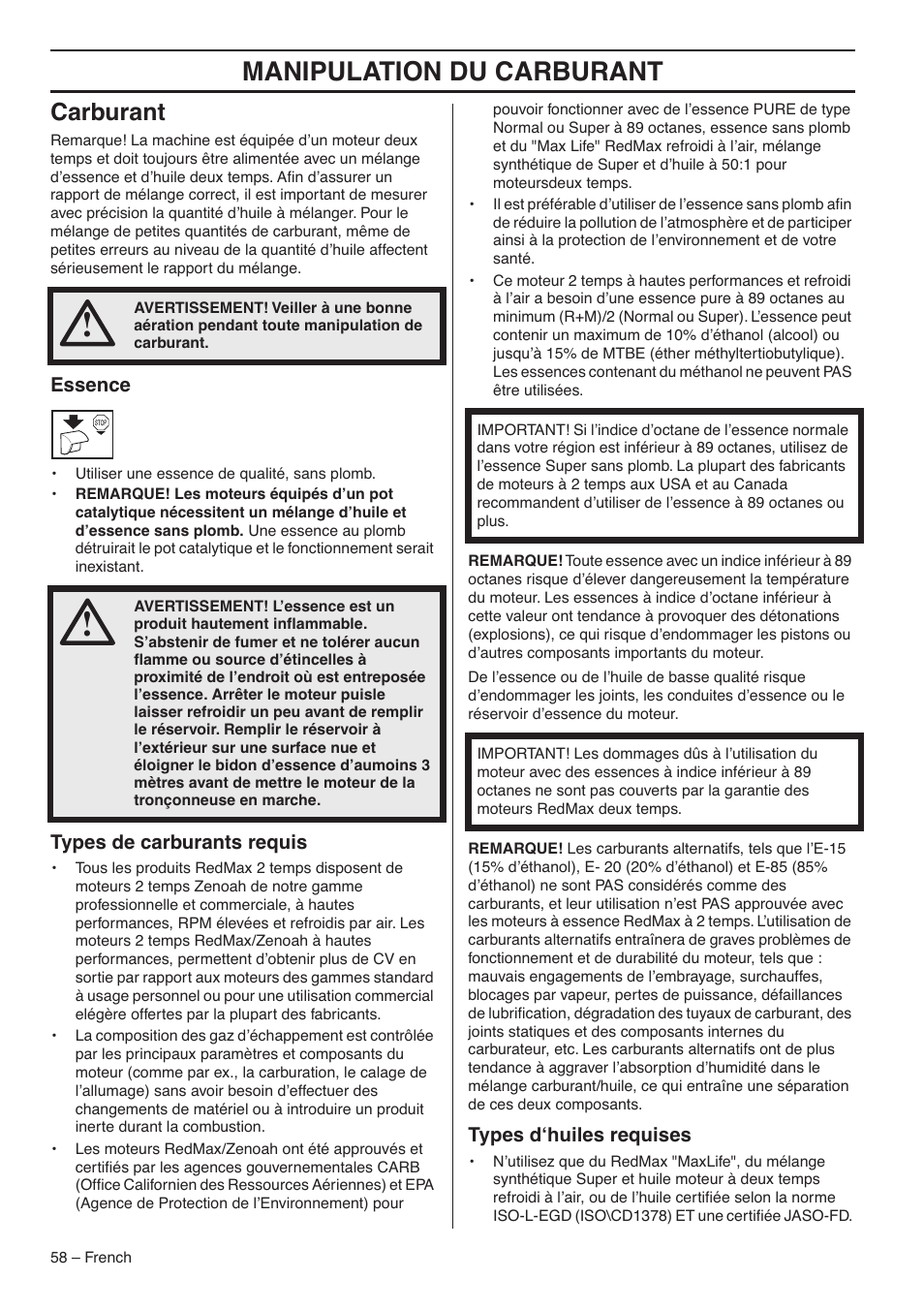 Carburant, Essence, Types de carburants requis | Types d‘huiles requises, Manipulation du carburant | RedMax GZ7000 User Manual | Page 58 / 152