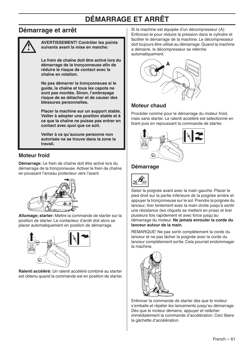 Démarrage et arrêt, Moteur froid, Moteur chaud | Démarrage | RedMax GZ7000 User Manual | Page 61 / 152