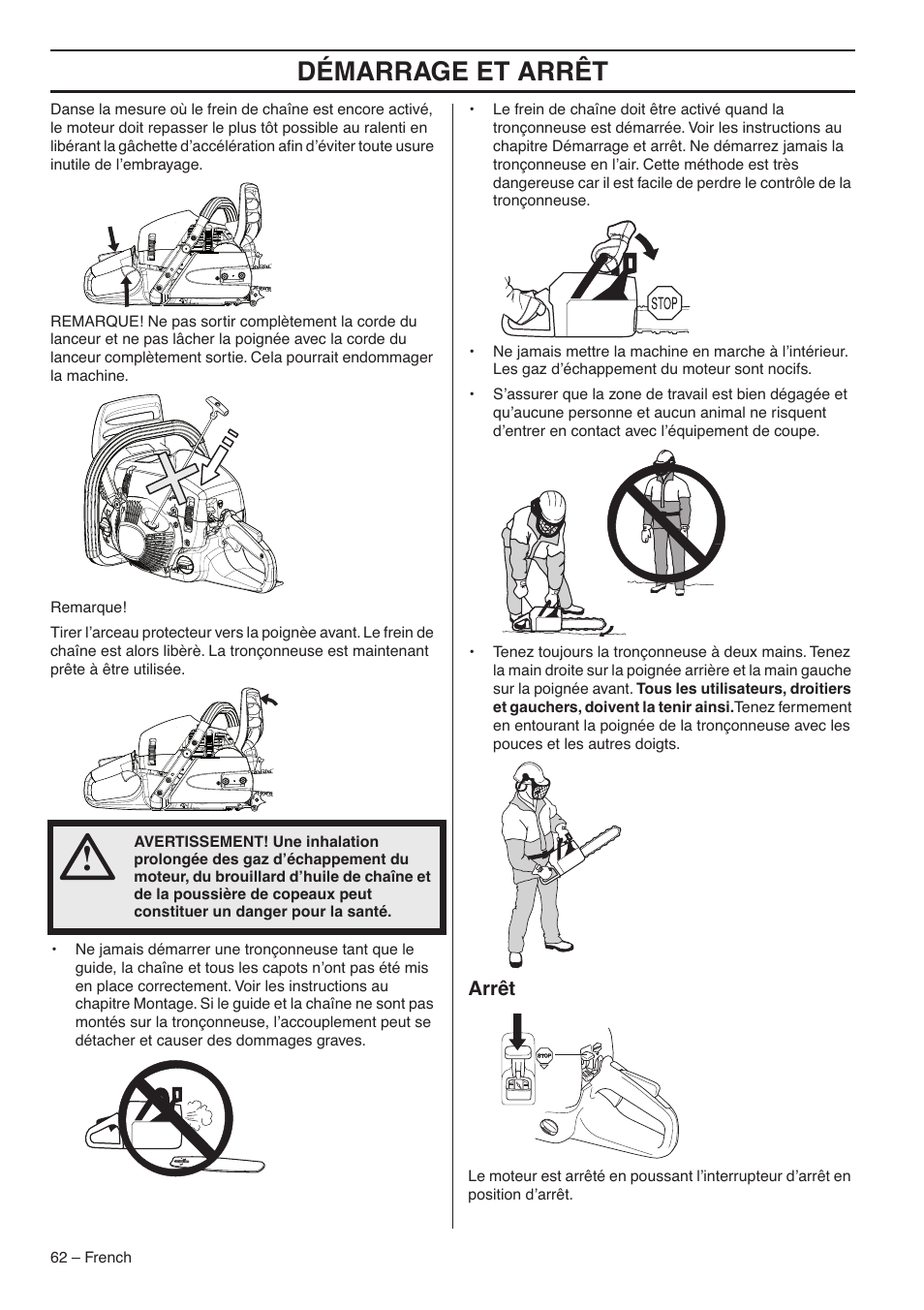 Arrêt, Démarrage et arrêt | RedMax GZ7000 User Manual | Page 62 / 152