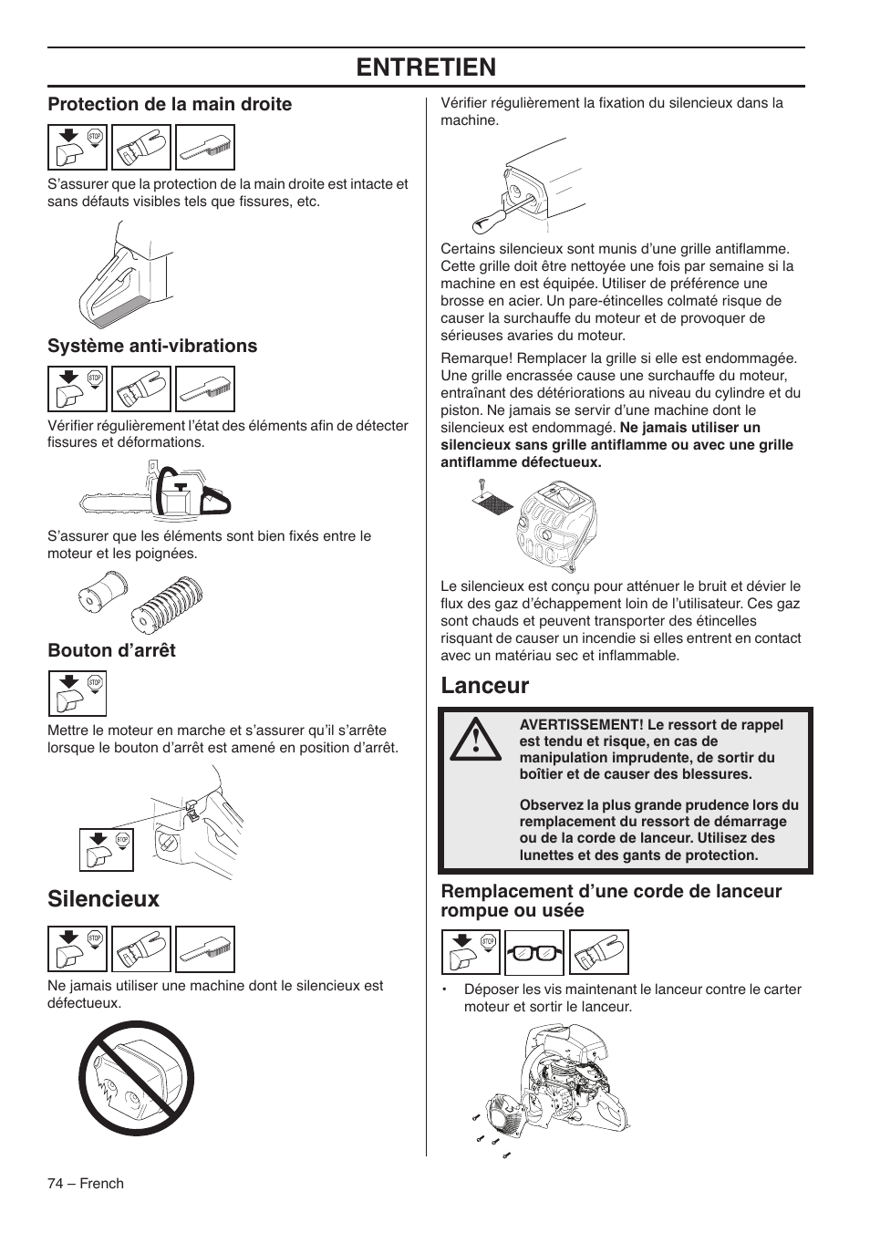 Protection de la main droite, Système anti-vibrations, Bouton d’arrêt | Silencieux, Lanceur, Remplacement d’une corde de lanceur rompue ou usée, Entretien | RedMax GZ7000 User Manual | Page 74 / 152