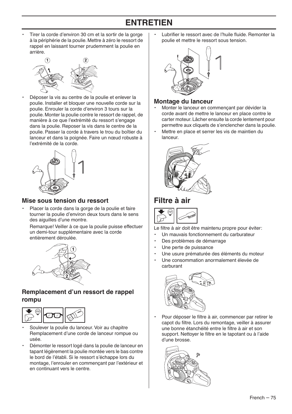 Mise sous tension du ressort, Remplacement d’un ressort de rappel rompu, Montage du lanceur | Filtre à air, Entretien | RedMax GZ7000 User Manual | Page 75 / 152