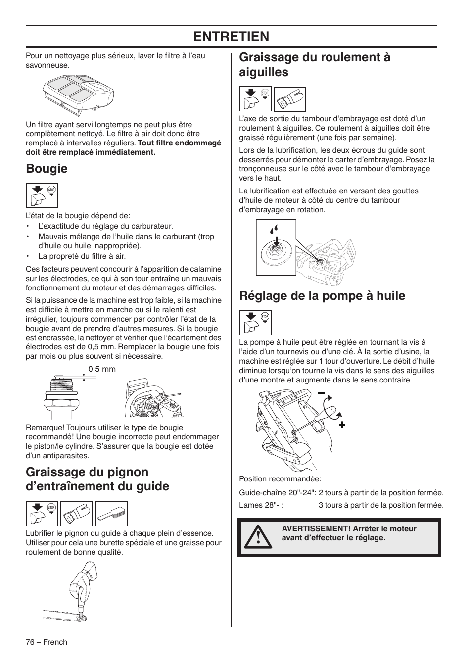 Bougie, Graissage du pignon d’entraînement du guide, Graissage du roulement à aiguilles | Réglage de la pompe à huile, Entretien | RedMax GZ7000 User Manual | Page 76 / 152