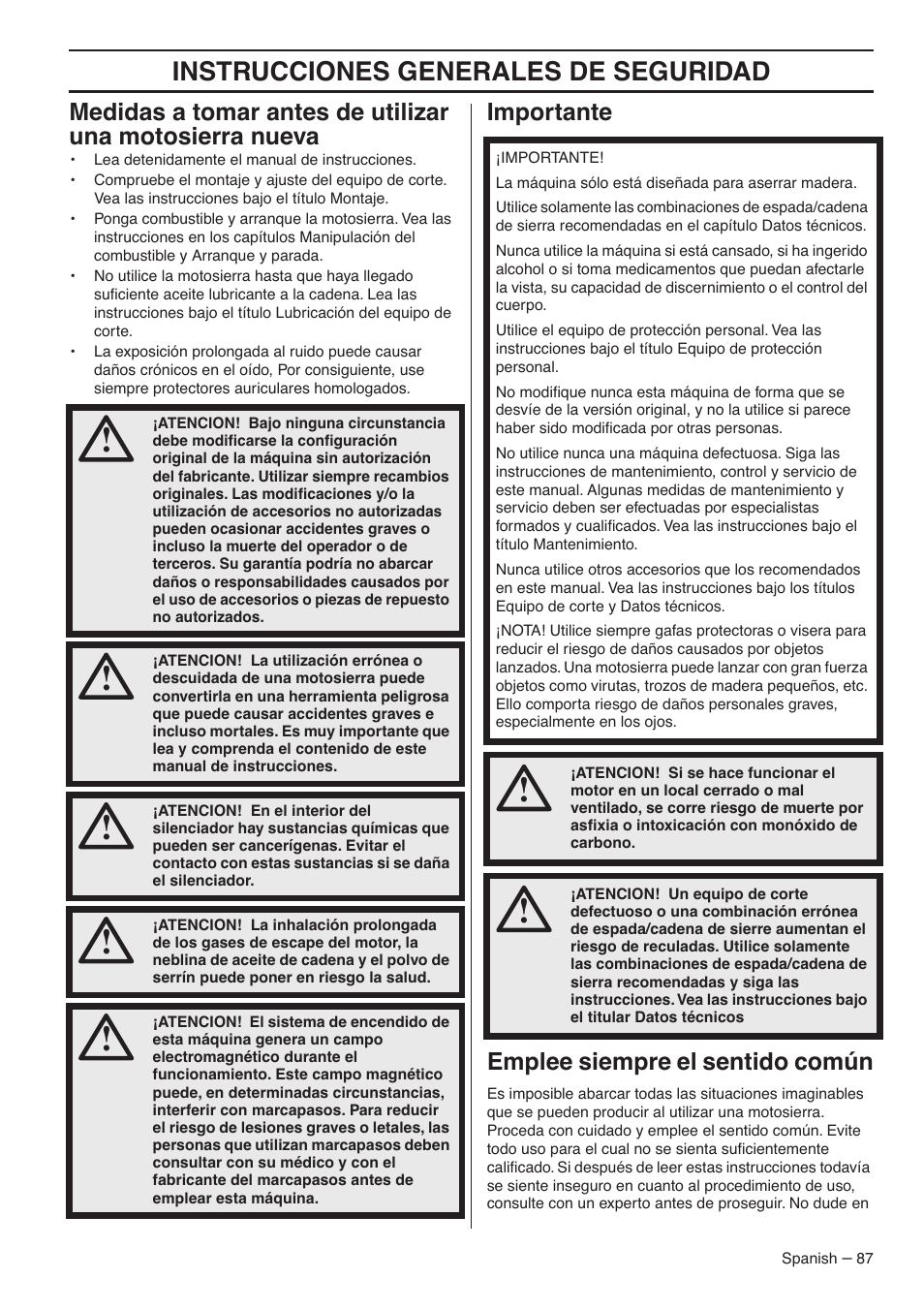 Importante, Emplee siempre el sentido común, Instrucciones generales de seguridad | Importante emplee siempre el sentido común | RedMax GZ7000 User Manual | Page 87 / 152