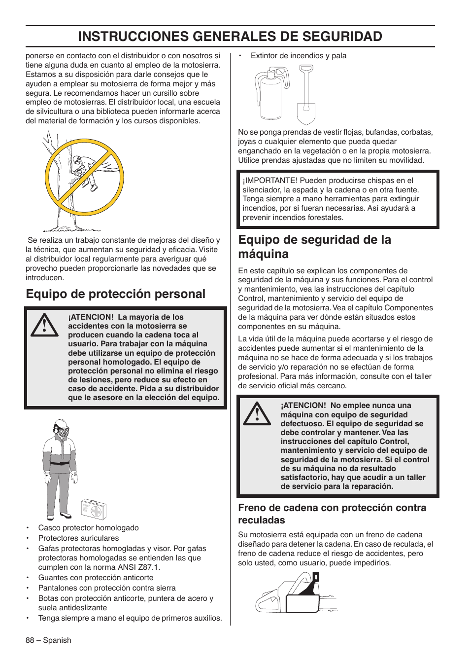 Equipo de protección personal, Equipo de seguridad de la máquina, Freno de cadena con protección contra reculadas | Instrucciones generales de seguridad | RedMax GZ7000 User Manual | Page 88 / 152