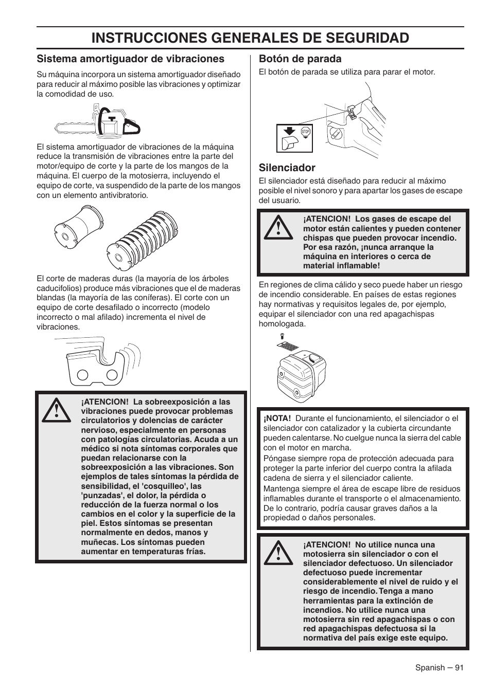 Sistema amortiguador de vibraciones, Botón de parada, Silenciador | Instrucciones generales de seguridad | RedMax GZ7000 User Manual | Page 91 / 152