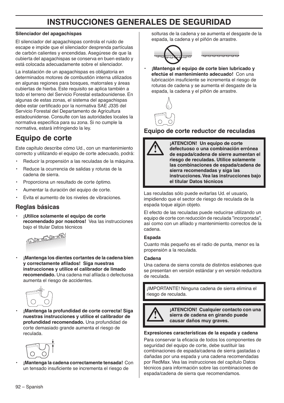 Equipo de corte, Reglas básicas, Equipo de corte reductor de reculadas | Instrucciones generales de seguridad | RedMax GZ7000 User Manual | Page 92 / 152