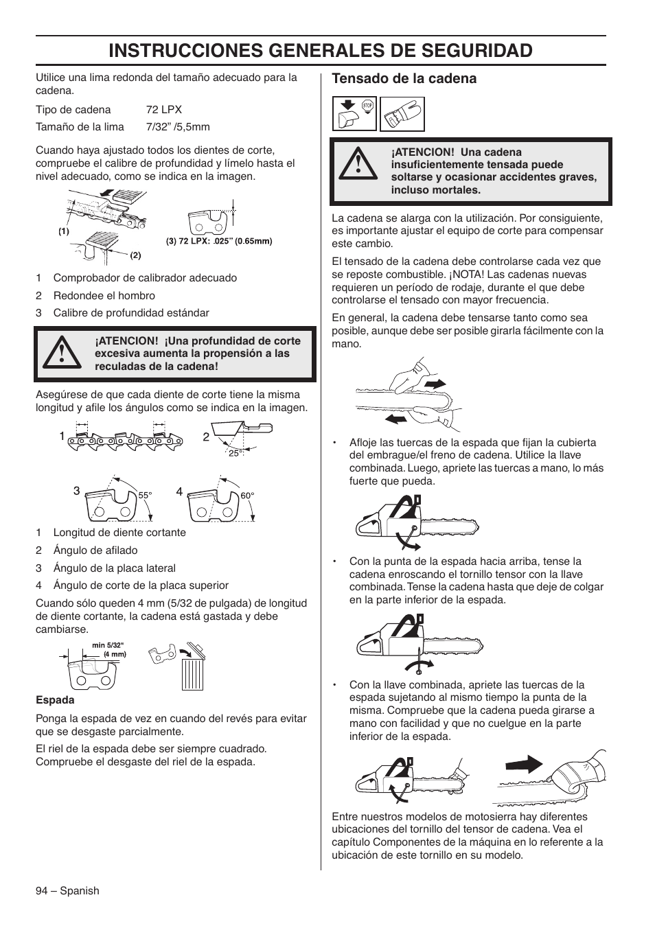 Tensado de la cadena, Instrucciones generales de seguridad | RedMax GZ7000 User Manual | Page 94 / 152