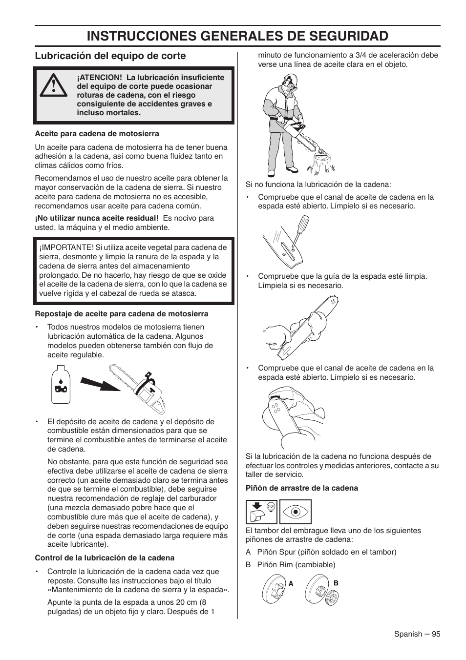 Lubricación del equipo de corte, Instrucciones generales de seguridad | RedMax GZ7000 User Manual | Page 95 / 152