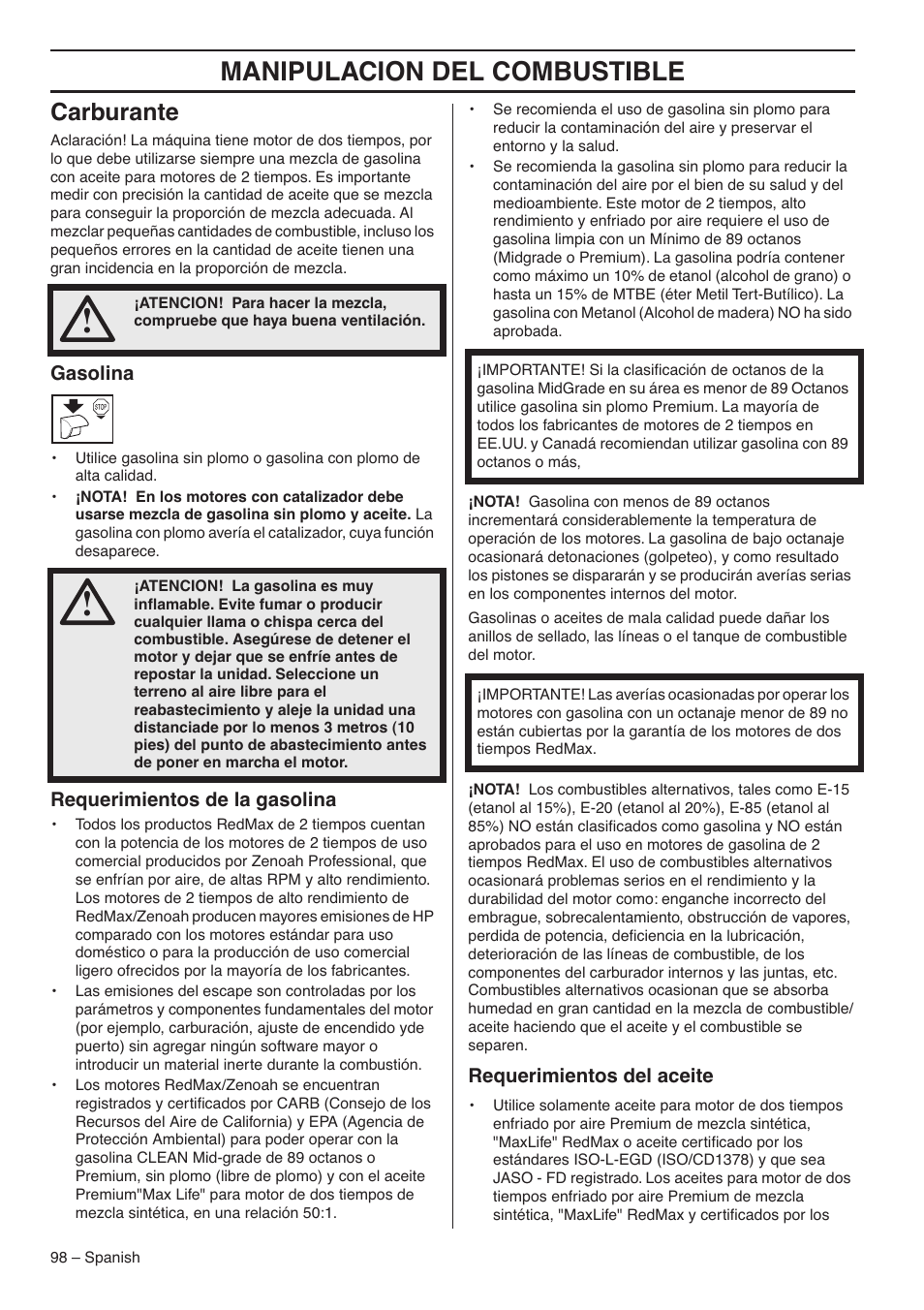 Carburante, Gasolina, Requerimientos de la gasolina | Requerimientos del aceite, Manipulacion del combustible | RedMax GZ7000 User Manual | Page 98 / 152