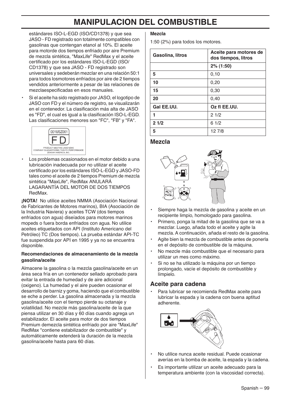 Mezcla, Aceite para cadena, Manipulacion del combustible | RedMax GZ7000 User Manual | Page 99 / 152