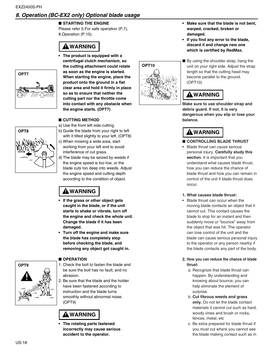 Operation (bc-ex2 only) optional blade usage, Warning | RedMax EXTREME EXZ2450S-PH User Manual | Page 18 / 30