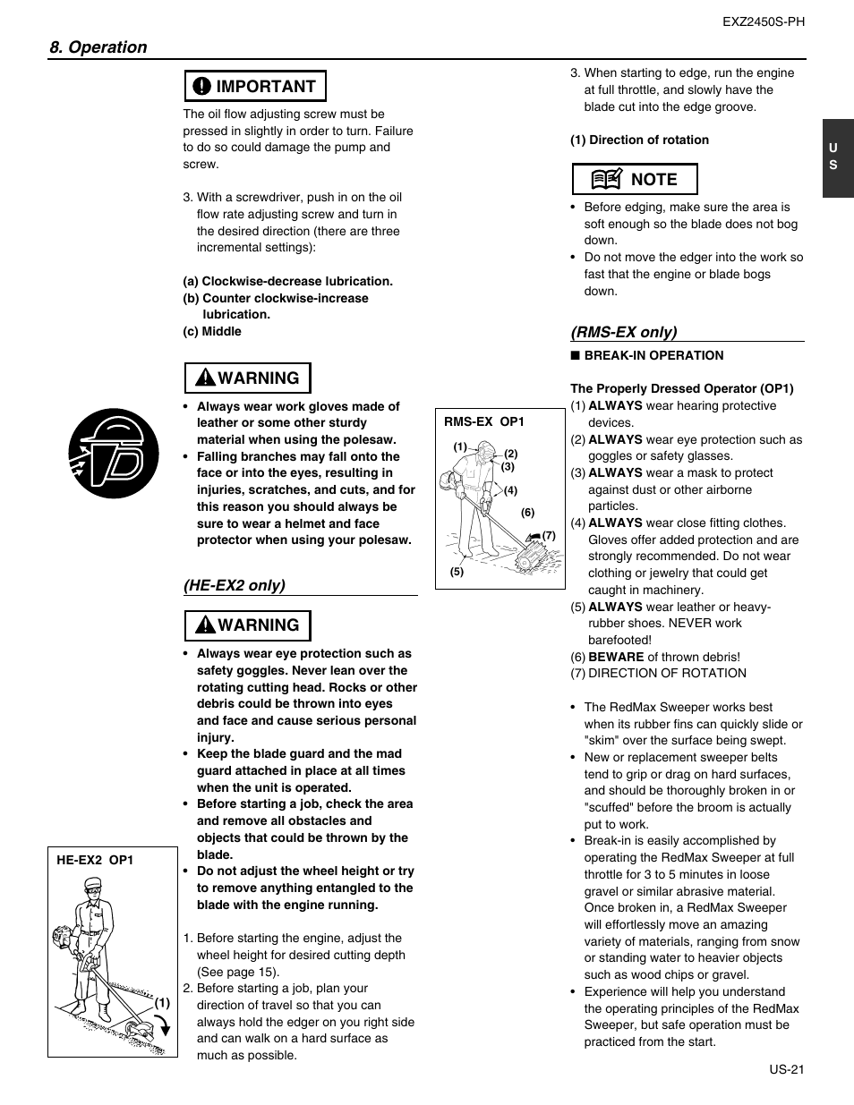 Operation, Warning important, Warning | RedMax EXTREME EXZ2450S-PH User Manual | Page 21 / 30