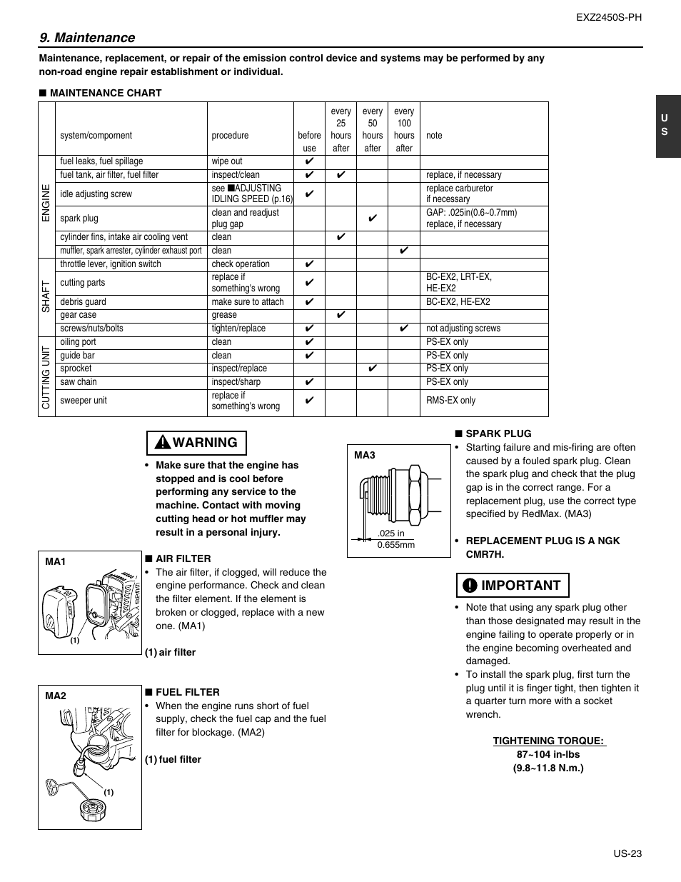 Maintenance, Warning, Important | RedMax EXTREME EXZ2450S-PH User Manual | Page 23 / 30