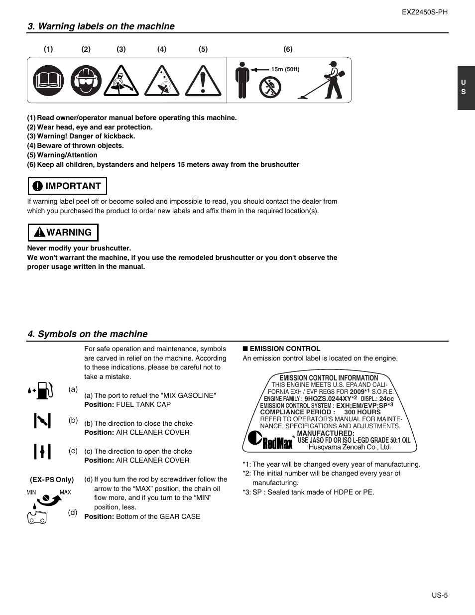 Warning labels on the machine, Warning important 4. symbols on the machine | RedMax EXTREME EXZ2450S-PH User Manual | Page 5 / 30