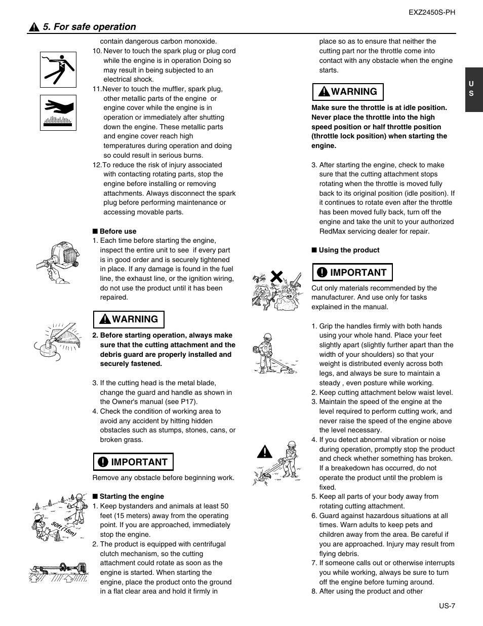 Important warning 5. for safe operation, Important warning | RedMax EXTREME EXZ2450S-PH User Manual | Page 7 / 30