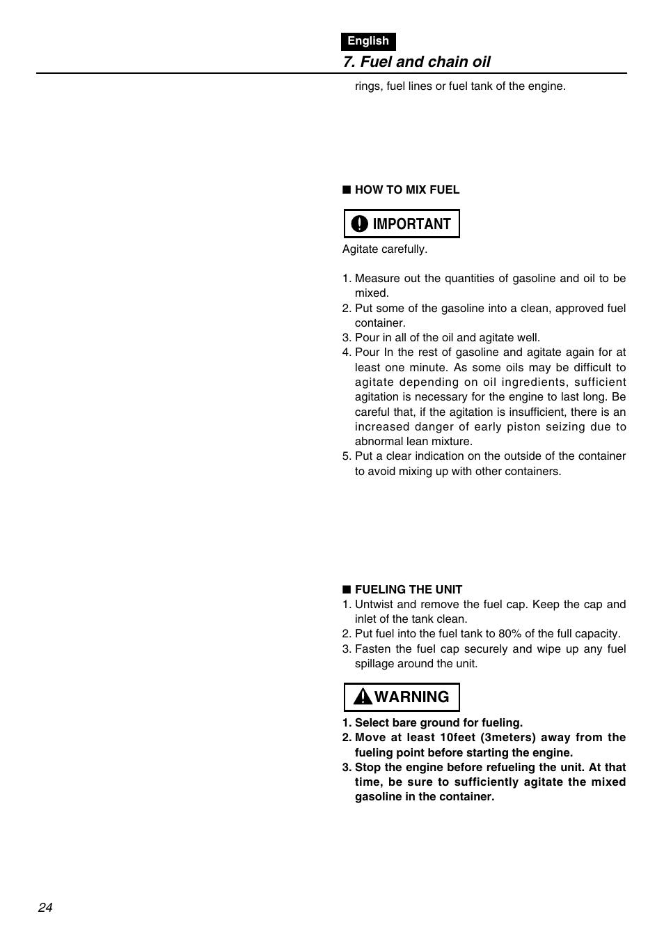 Warning important 7. fuel and chain oil | RedMax G3100T User Manual | Page 24 / 64