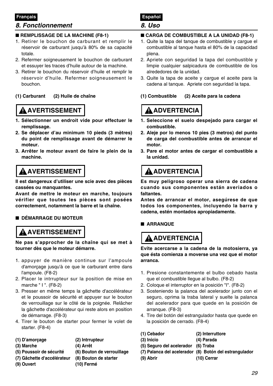 Fonctionnement 8. uso, Avertissement, Advertencia | RedMax G3100T User Manual | Page 29 / 64