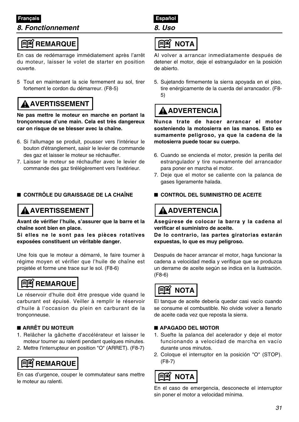 Fonctionnement 8. uso, Remarque, Remarque avertissement avertissement remarque | Nota, Nota advertencia advertencia nota | RedMax G3100T User Manual | Page 31 / 64