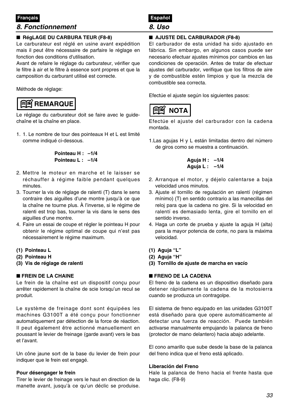 Fonctionnement 8. uso, Nota, Remarque | RedMax G3100T User Manual | Page 33 / 64