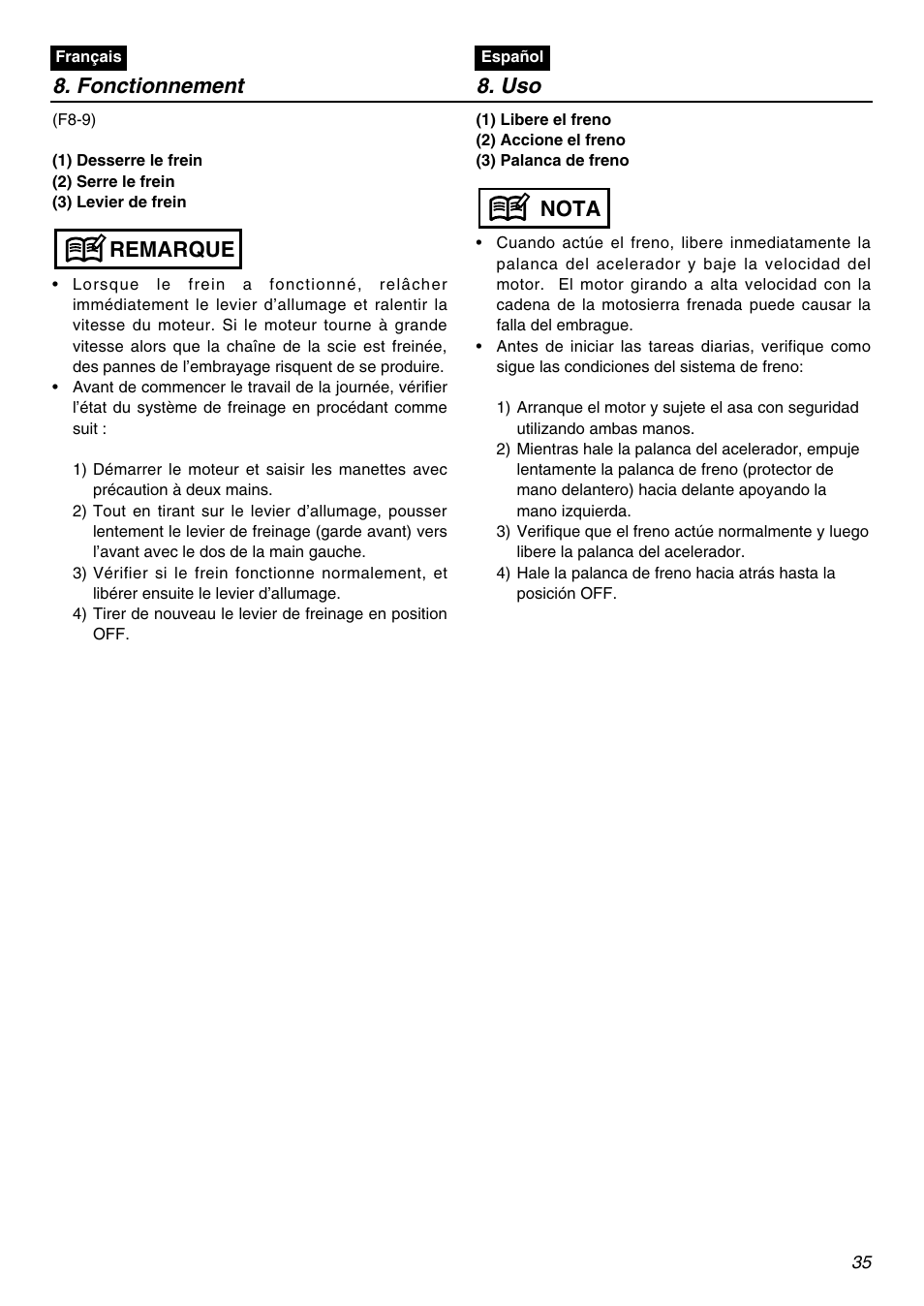 Remarque 8. fonctionnement, Nota | RedMax G3100T User Manual | Page 35 / 64