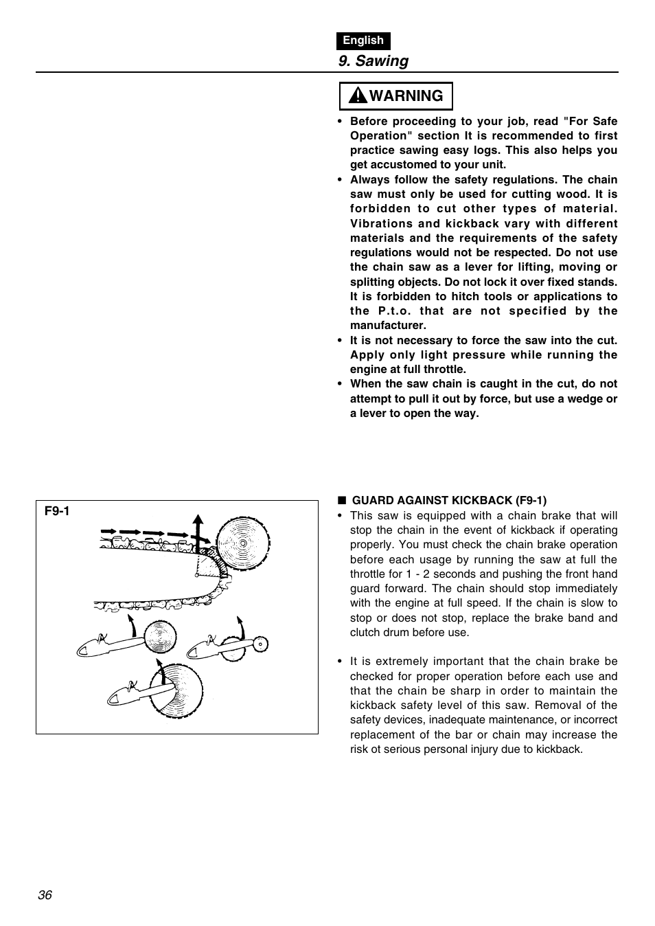 Sawing, Warning | RedMax G3100T User Manual | Page 36 / 64