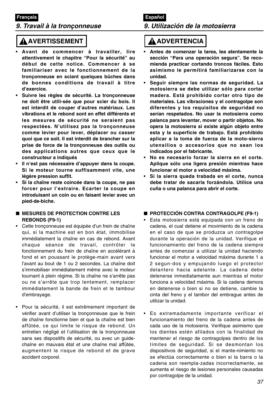 Travail à la tronçonneuse, Utilización de la motosierra, Avertissement | Advertencia | RedMax G3100T User Manual | Page 37 / 64