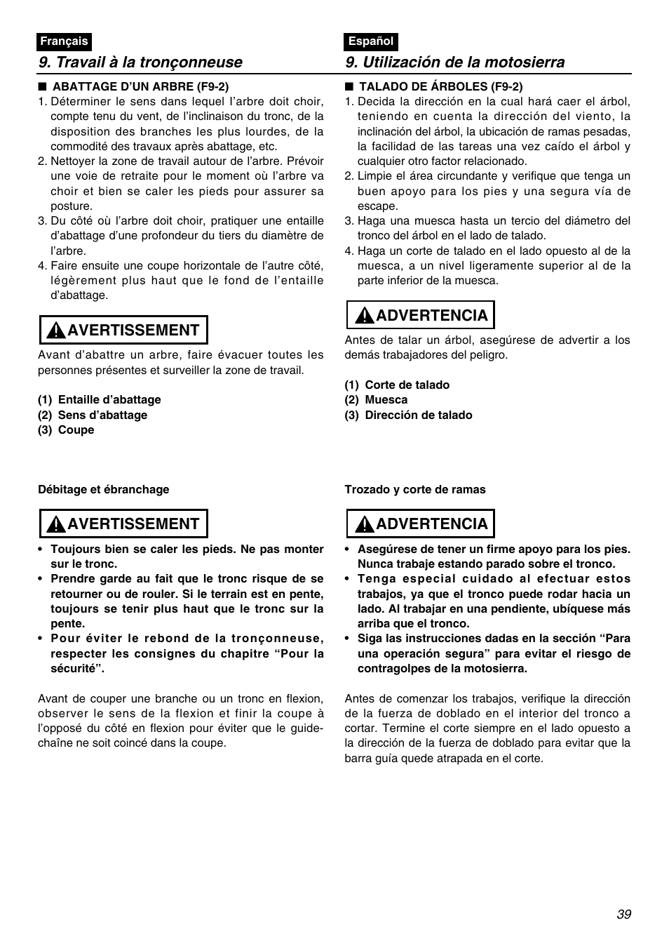 Travail à la tronçonneuse, Utilización de la motosierra, Avertissement | Advertencia | RedMax G3100T User Manual | Page 39 / 64