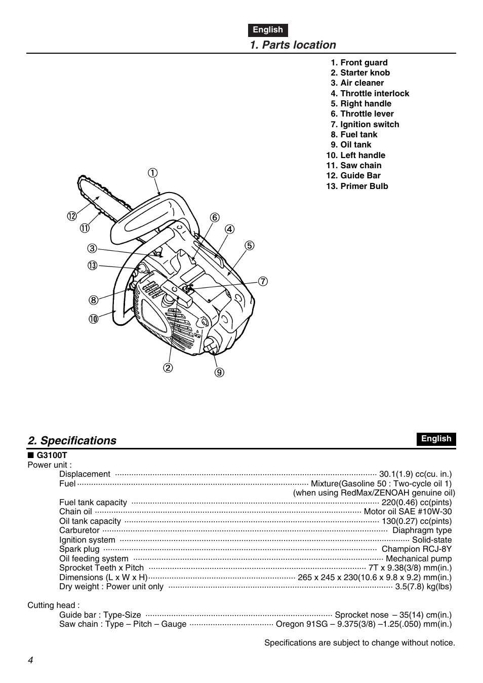 Parts location, Specifications | RedMax G3100T User Manual | Page 4 / 64