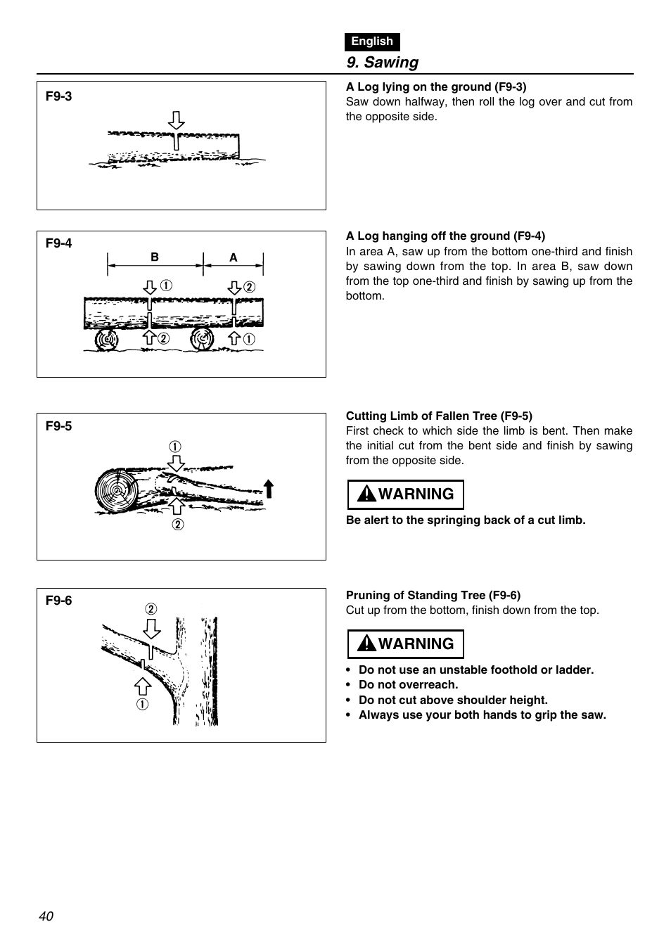 Sawing, Warning | RedMax G3100T User Manual | Page 40 / 64