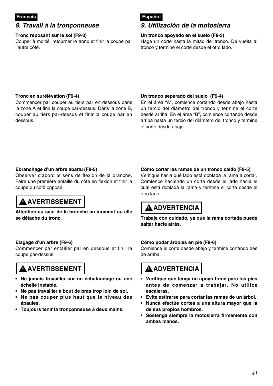 Travail à la tronçonneuse, Utilización de la motosierra, Avertissement | Advertencia | RedMax G3100T User Manual | Page 41 / 64