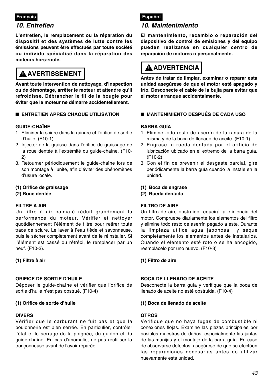 Entretien, Maintenimiento, Avertissement | Advertencia | RedMax G3100T User Manual | Page 43 / 64