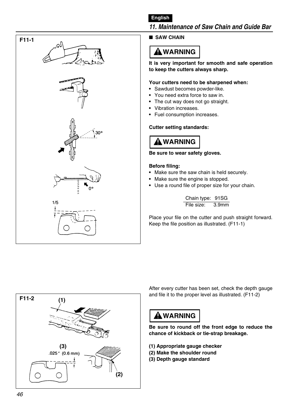 Maintenance of saw chain and guide bar, Warning | RedMax G3100T User Manual | Page 46 / 64