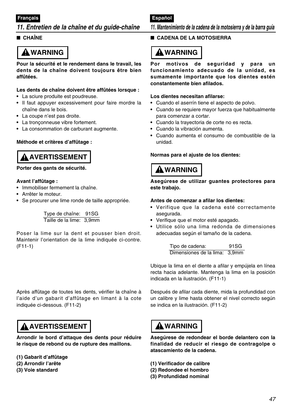 Entretien de la chaîne et du guide-chaîne, Avertissement, Warning | RedMax G3100T User Manual | Page 47 / 64