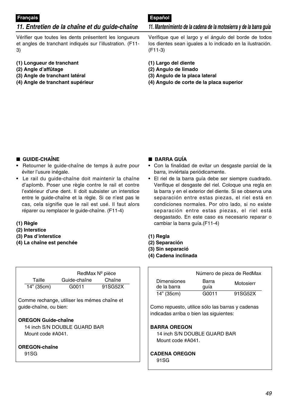 Entretien de la chaîne et du guide-chaîne | RedMax G3100T User Manual | Page 49 / 64