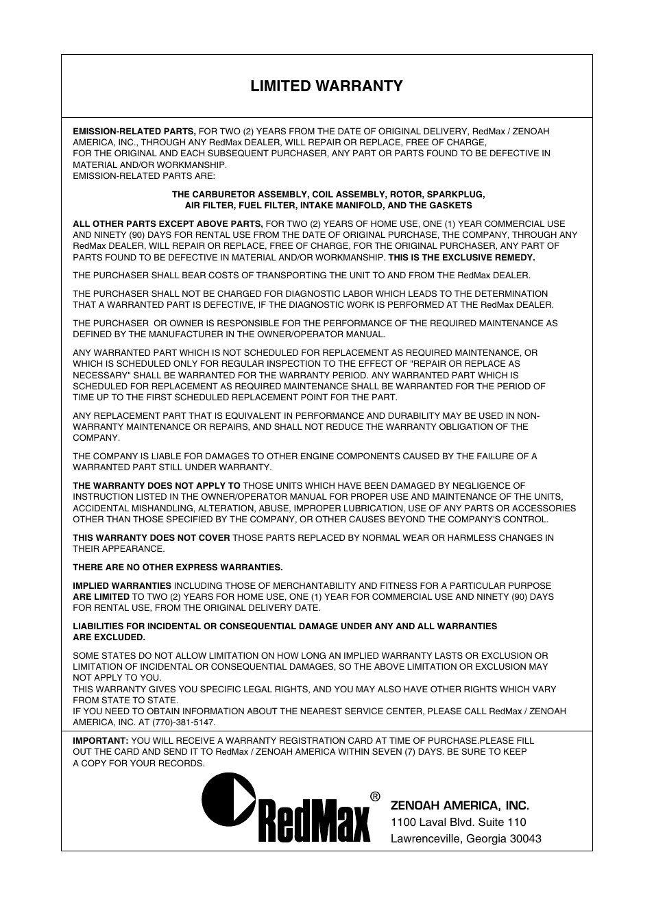 Limited warranty | RedMax G3100T User Manual | Page 61 / 64