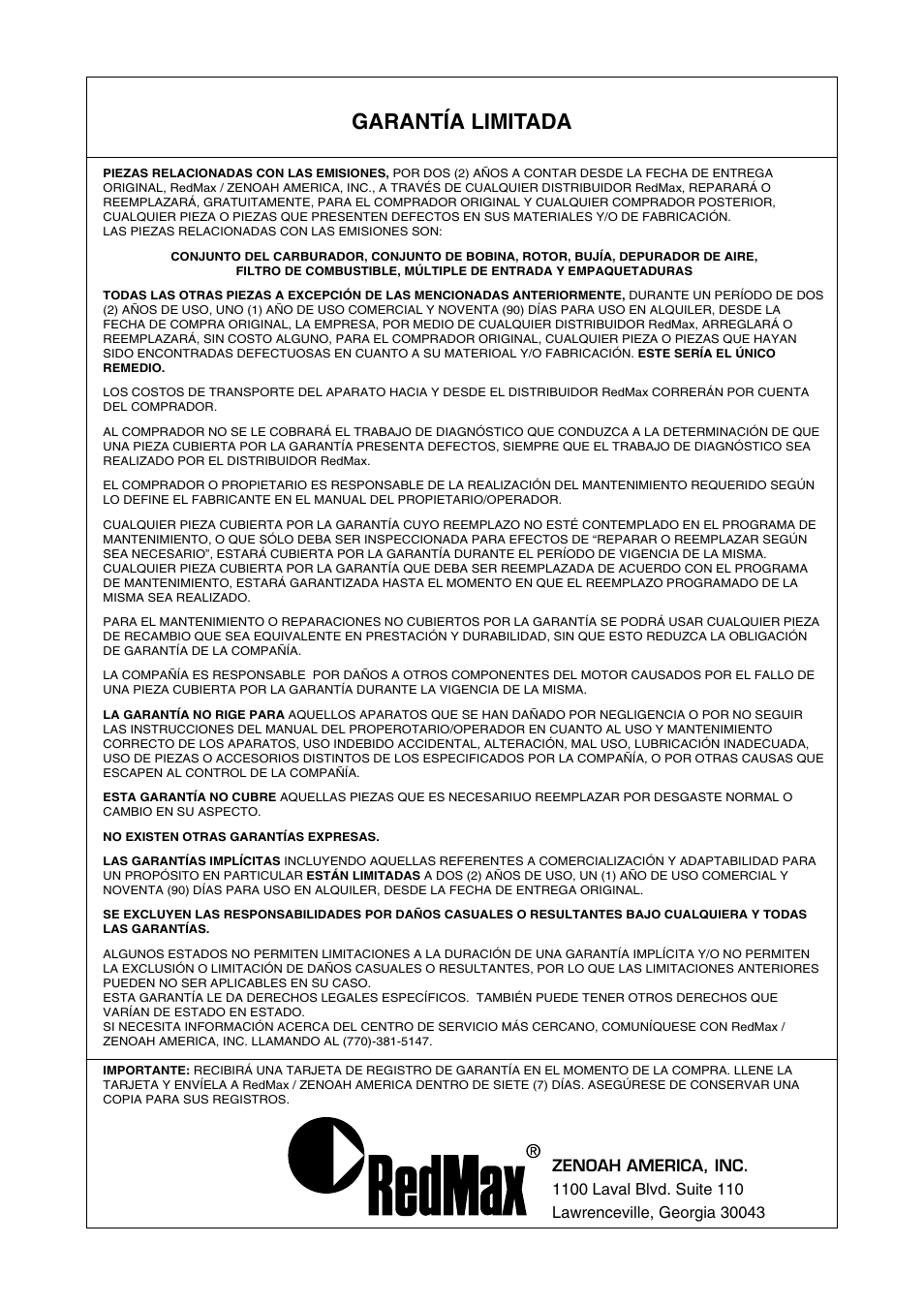 Garantía limitada | RedMax G3100T User Manual | Page 63 / 64