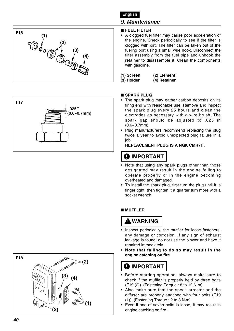 Maintenance, Important warning important | RedMax EBZ5100Q User Manual | Page 40 / 56