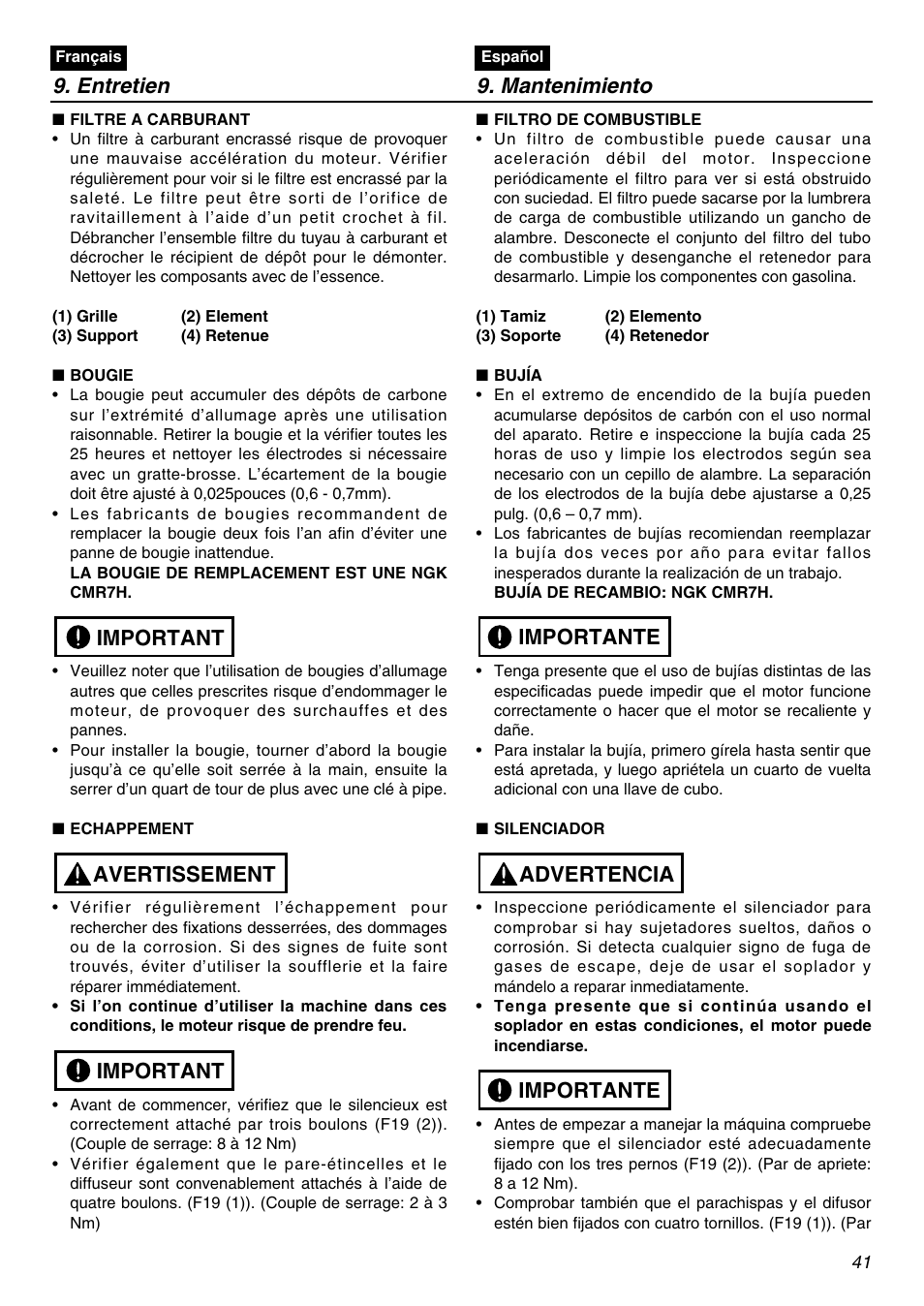 Entretien 9. mantenimiento, Important avertissement important, Importante advertencia importante | RedMax EBZ5100Q User Manual | Page 41 / 56