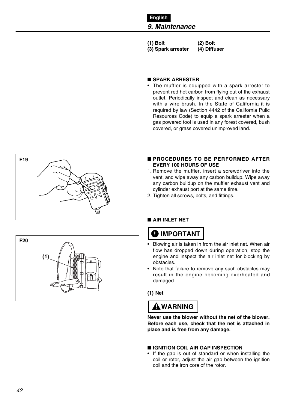 Maintenance, Warning important | RedMax EBZ5100Q User Manual | Page 42 / 56