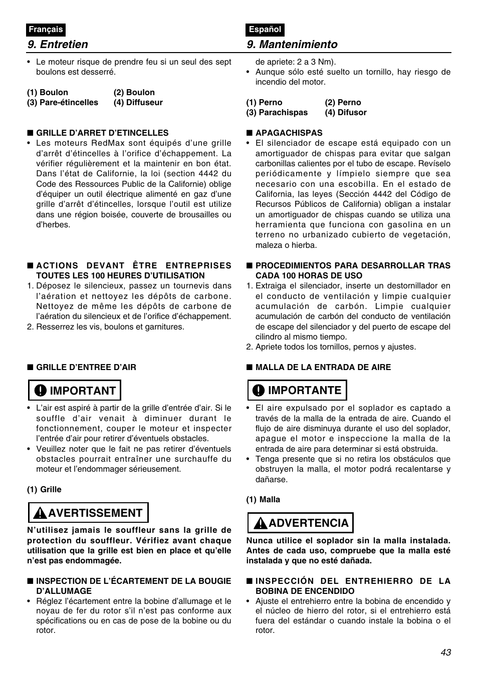 Entretien 9. mantenimiento, Avertissement important, Advertencia importante | RedMax EBZ5100Q User Manual | Page 43 / 56